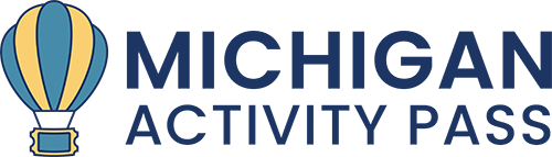 'Michigan Activity Pass' in grey text. A blue and yellow hot air balloon next to the words.
